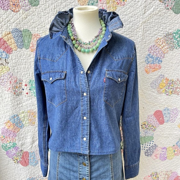 Levi's Tops - Upcycled Re-worked Levis Stretch Denim Snap Front Western Ruffle Collar Shirt M